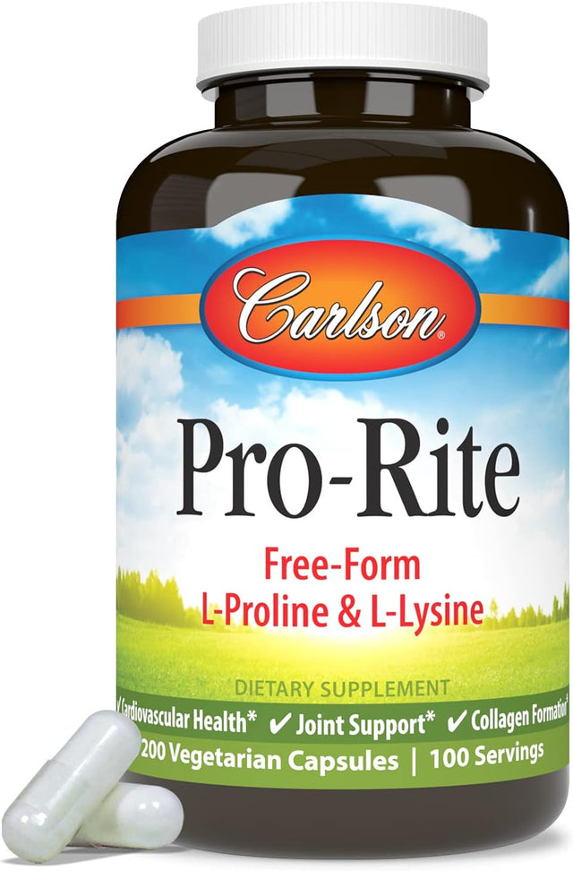 Carlson - Pro-Rite, Free-Form L-Proline & L-Lysine, Health, Joint Support & Collagen Formation, 200 Capsules