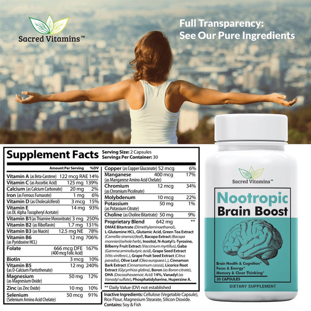 Premium Brain Booster Nootropic for Energy, Focus, Cognition, Memory Support, and Mood Boost - Complete Brain Supplement for Men and Women - 60 Dietary Capsules