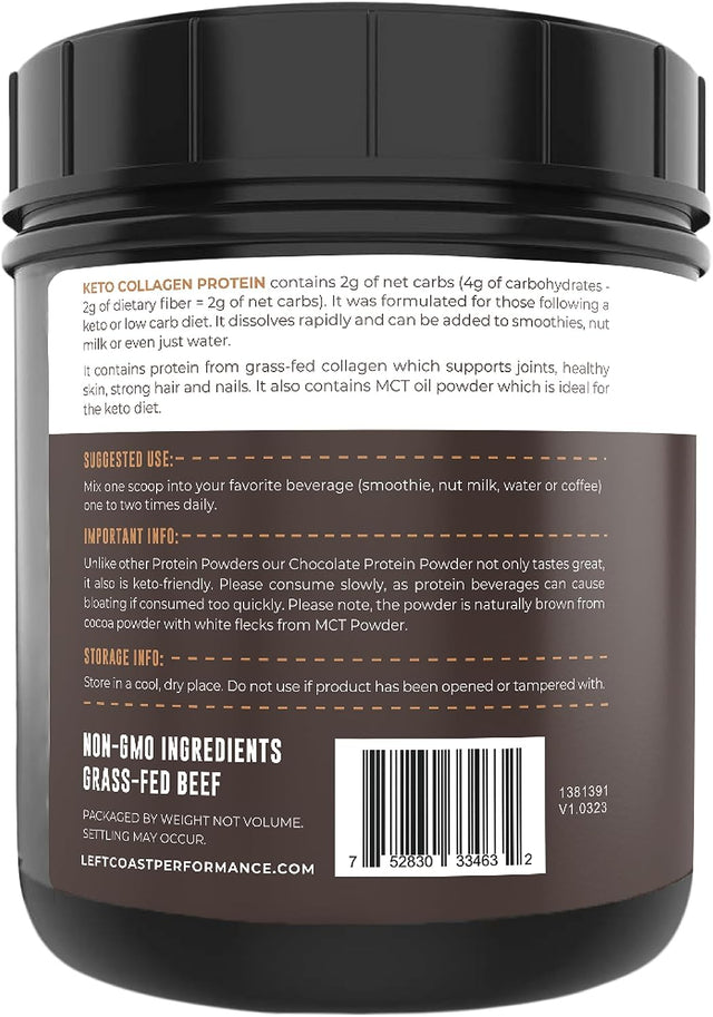 Left Coast Performance Keto Collagen Protein Powder Chocolate, 10G Grass-Fed Collagen, 5G MCT Powder, 1Lb, 25 Servings, No Carb Protein Powder, Low Carb Meal Replacement Shakes, Ketogenic Shake Mix