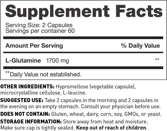 Amy Myers MD L Glutamine Capsules 1700Mg to Support Sugar Cravings, Muscle Repair & Healthy Gut - Ideal Amino Acid for Leaky Gut & Digestive Health - Supports Immune System & Thyroid Function 120 Caps