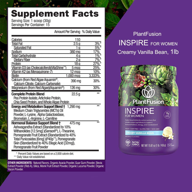 Plantfusion Inspire Plant Protein Powder for Women - Low Carb Protein Powder for Lean Muscle Support - Keto, Gluten Free, Soy Free, Non-Dairy, No Sugar, Non-Gmo - Creamy Vanilla Bean 1 Lb