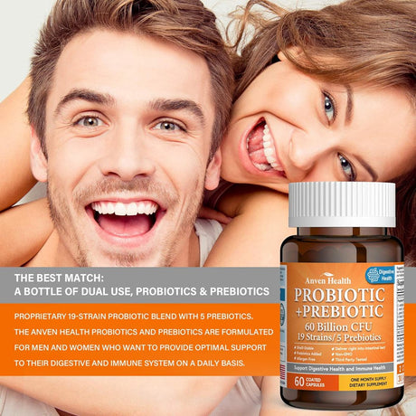 Prebiotics & Probiotics for Women and Men - Probiotics 60 Billion, 19 Strains Acidophilus Probiotic Supplement for Gut Digestive, Immune, Feminine Health, Shelf Stable Soy & Dairy Free | 60 Vegan Caps