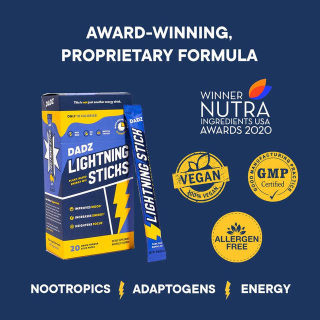 DADZ Lightning Sticks - Nootropics Brain Supplement - All Natural Focus & Energy Drink Mix - Vegan, Plant-Based Energy with Only 10 Calories (20 Count)