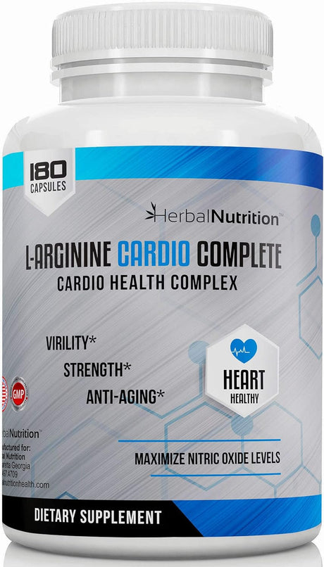 L-Arginine Cardio Complete, Nitric Oxide Booster, 1500Mg Cardio Support Blend plus L-Citrulline, Vitamins Minerals Supports Cardio Health, BP, Energy, Nitric Oxide, One Bottles 180 Caps