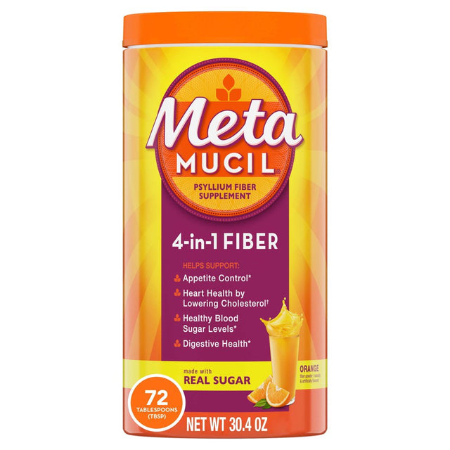 Metamucil Fiber Supplement, Psyllium Husk Fiber Powder for Digestive Health, Real Sugar, 72 Servings