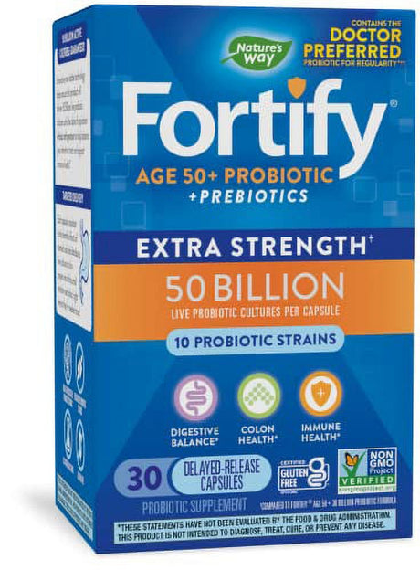 Natureâ€™S Way Fortify Age 50+ 50 Billion Daily Probiotic Supplement, 10 Strains, Digestive Health*, Immune Support*, Colon Health*, Non-Gmo Project Verified, No Refrigeration Required, 30 Capsul