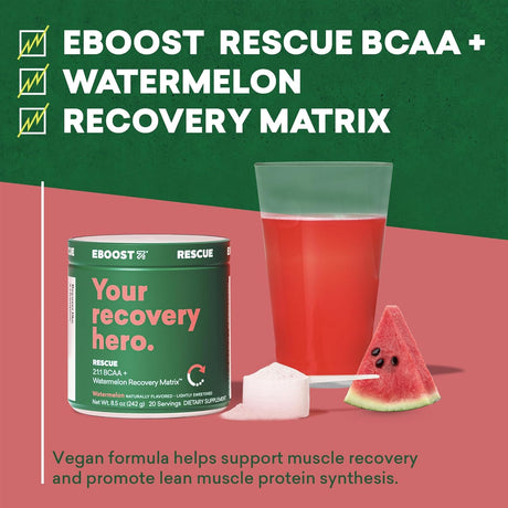 EBOOST Rescue Natural Vegan BCAA Recovery Powder Supplement - 20 Servings - Naturally Flavored Watermelon - 2:1:1 Ratio Amino Acids for Muscle Recovery - Pre and Post Workout for Men & Women