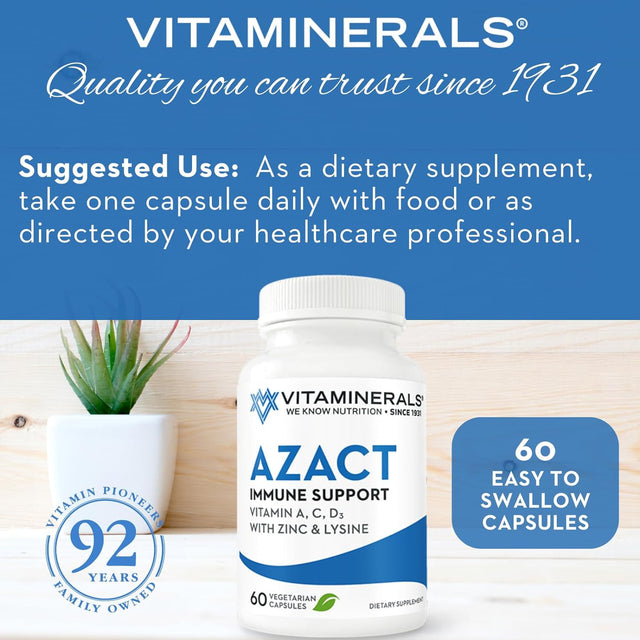 AZACT | Vitamin a | Vitamin C | Vitamin D3 | Zinc | Lysine | Quercetin | 60 Vegetable Capsules