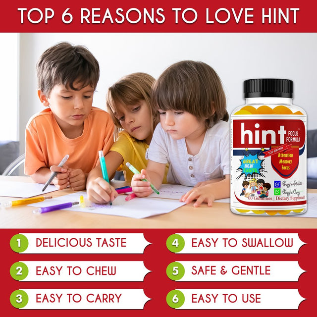 HINT Kids Brain Focus Gummies for Attention & Memory for Teens, Natural Vitamins with Omega DHA- 60 Ct