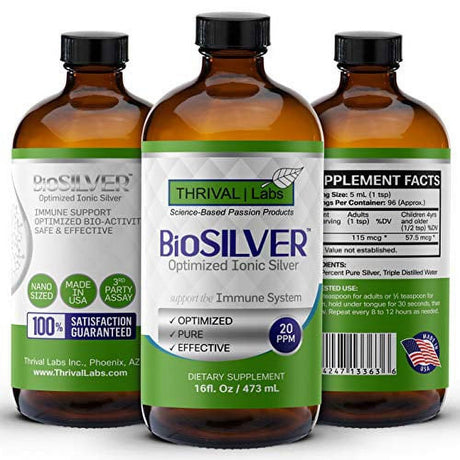 Biosilver Optimized 20 PPM Bio-Active Ionic Silver Liquid Solution in 16 Oz. Dark Glass Bottle by Thrival Labs | Nano Ions and Particles for Superior Immune Support (96 Servings) - Economy S