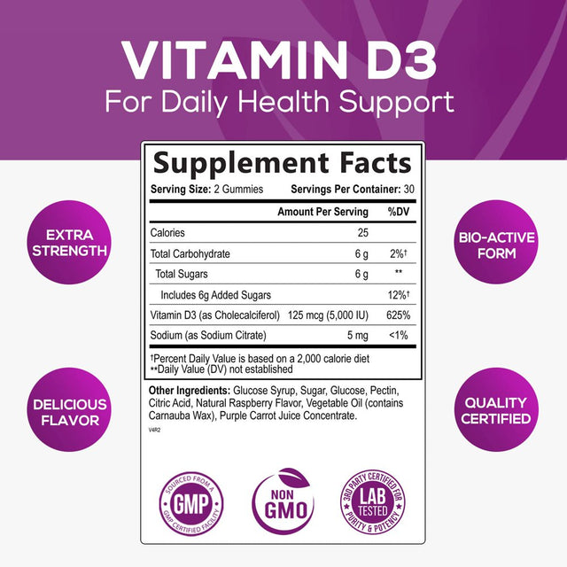 Vitamin D3 Gummies 5,000 IU Extra Strength 125 Mcg D3 Supplement Gummy - Support Natural Bone, Muscle, & Immune Health - Gluten Free - Non-Gmo - Nature'S Raspberry Flavor - 60 Gummies - 60 Day Supply