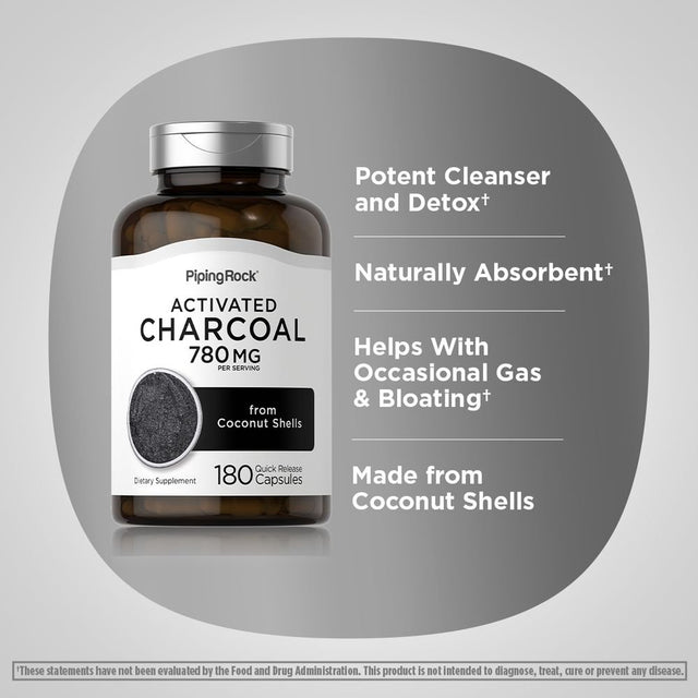 Charcoal Pills 780Mg | 180 Capsules | Activated Charcoal from Coconut Shells | Non-Gmo, Gluten Free Supplement | by Piping Rock