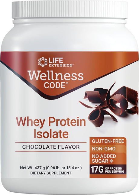 Life Extension Wellness Code Whey Protein Isolate Chocolate Supports Muscle Growth & Immune Health – Gluten-Free, Non-Gmo – No Added Sugar – 15.4 Oz