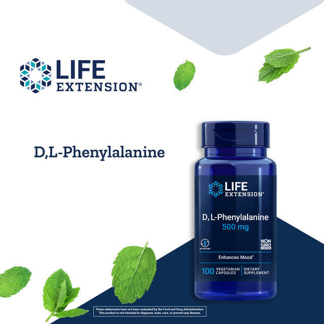 Life Extension D,L-Phenylalanine, 500 Mg - Enhance Mood, Nourishing Memory, Focus & Cognitive Performance Support - Gluten-Free, Non-Gmo - 100 Vegetarian Capsules