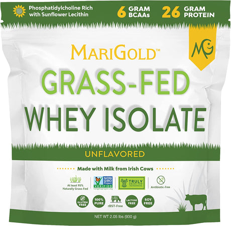 Marigold Grass Fed Whey Isolate Protein Powder Unflavored 2LB - 100% Pure, Cold Processed, Micro Filtered, Undenatured, Non-Gmo, Rbgh Free, Soy Free, Gluten Free, Lactose Free, Easy to Mix