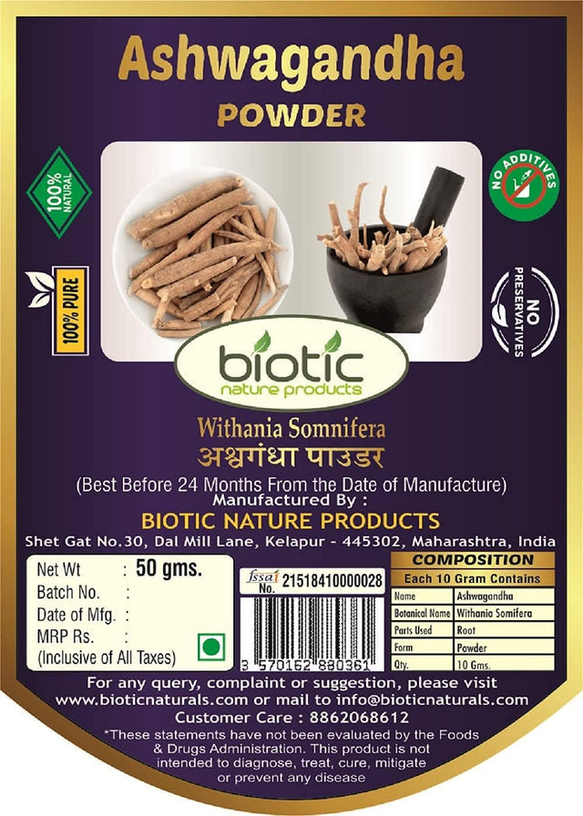 Biotic Natural Ashwagandha Powder/Aswagandha Powder - 50 Gm