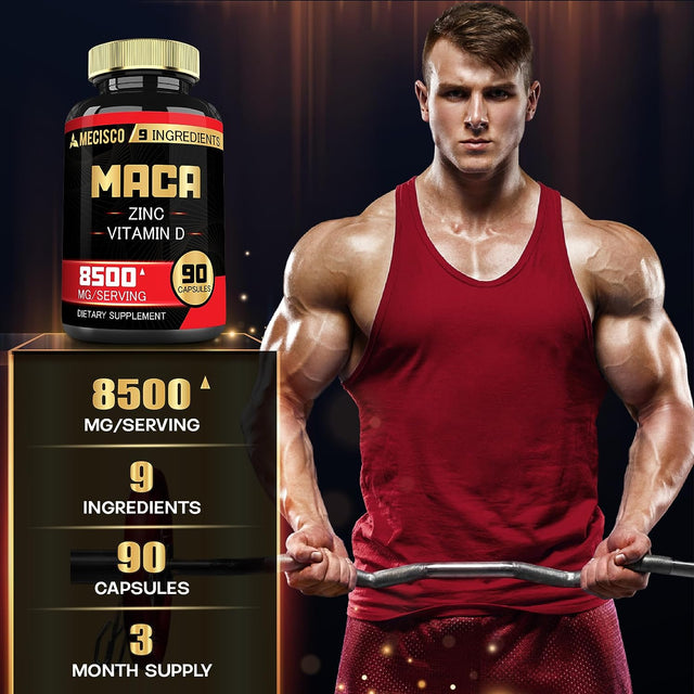 Maca Capsules - 9In1 Equivalent 8500Mg Blended with Zn, Vitamind, Ashwagandha, Ginseng, Saw Palmetto, Tongkat Ali & More - Muscle Growth, Endurance & Energy Support - 90 Count - 3 Month Supply