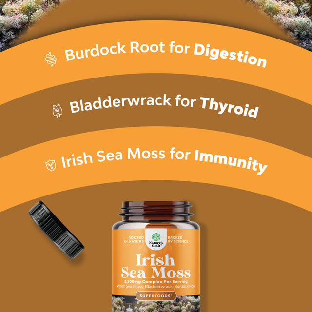 Organic Irish Seamoss Capsules - Sea Moss and Bladderwrack Capsules with Burdock Root Superfood Blend for Immune Support Heart Health Fertility Joint Health and Thyroid Support for Women and Men 180Ct