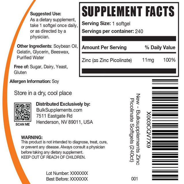 Bulksupplements.Com Zinc Picolinate Softgels, 11Mg - Zinc Supplements (240 Softgels - 240 Servings)