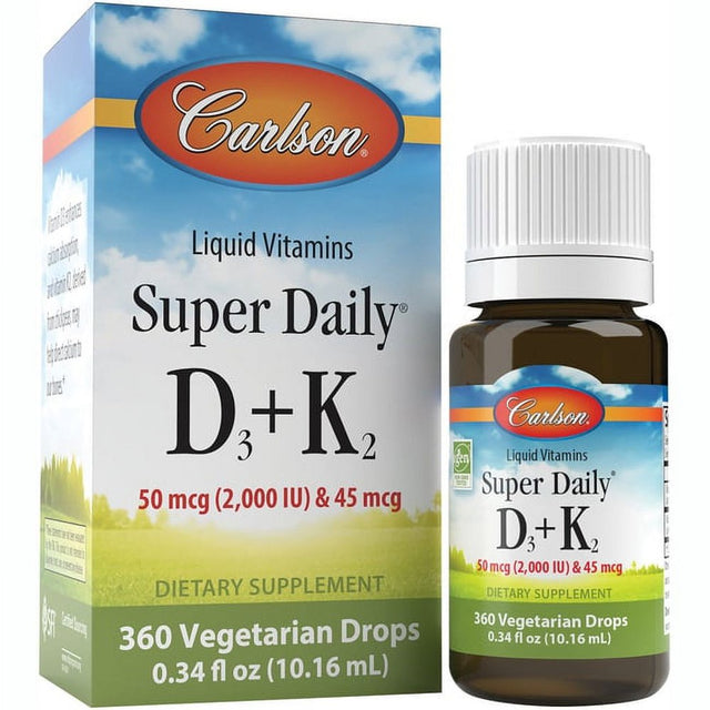 Carlson - Super Daily D3+K2, 50 Mcg (2000 IU) & 45 Mcg, Liquid Vitamins D & K, Vegetarian, Unflavored, 360 Drops