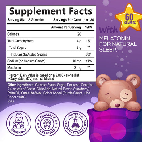 Kids Sleep Gummies, 2Mg Melatonin, Nature'S Effective & Drug-Free Restful Sleep Support Supplement, Childrens Melatonin Gummy for Ages 4 & Up, Vegan, Non-Gmo, Natural Color & Berry Flavor - 60 Gummies