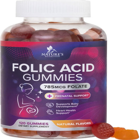 Folic Acid Gummies for Women 785 Mcg, Essential Prenatal Vitamins for Mom & Baby, Vegan Folic Acid Supplement Gummy, B9 Chewable Extra Strength Folate for before during after Pregnancy - 120 Gummies