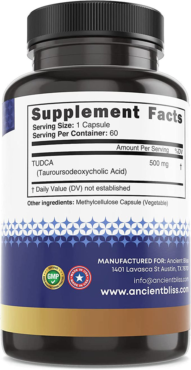 Ancient Bliss TUDCA 500Mg, (Tauroursodeoxycholic Acid)- Bile Salts Liver Support Supplement, Natural Bitter Taste- Vegan , Non GMO, Gluten Free Capsules