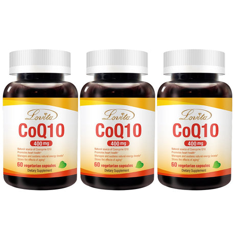 Lovita Coq10 400Mg Supplements from High Absorption Vegan Coenzyme Q10 Powder, Extra Antioxidant Co Q10 Enzyme for Blood Pressure Support & Heart Health, Vegan Friendly, 60 Capsules (Pack of 3)