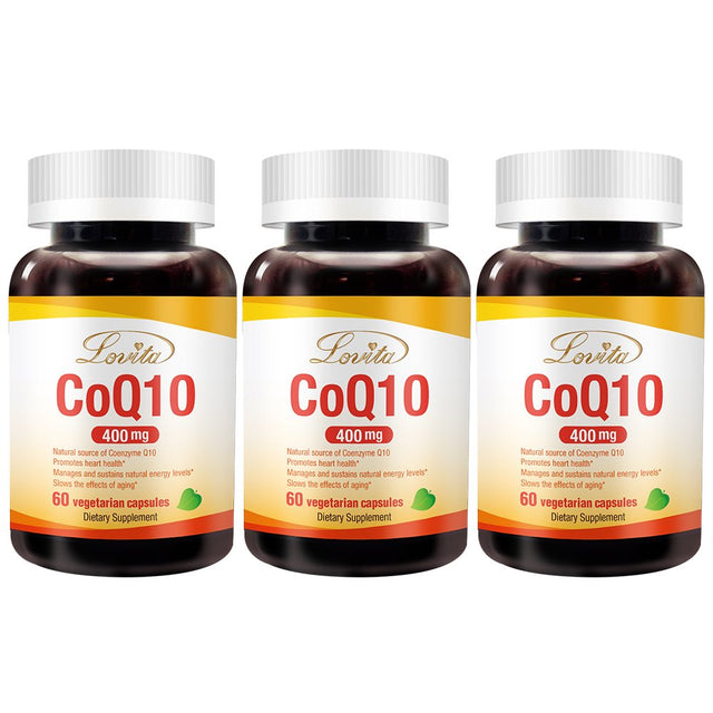 Lovita Coq10 400Mg Supplements from High Absorption Vegan Coenzyme Q10 Powder, Extra Antioxidant Co Q10 Enzyme for Blood Pressure Support & Heart Health, Vegan Friendly, 60 Capsules (Pack of 3)