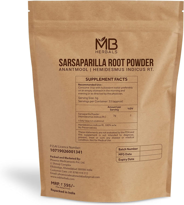 MB Herbals Sarsaparilla Root Powder 100 Gram (3.5 Oz) | Anantmool Powder | Hemidesmus Indicus Root Powder