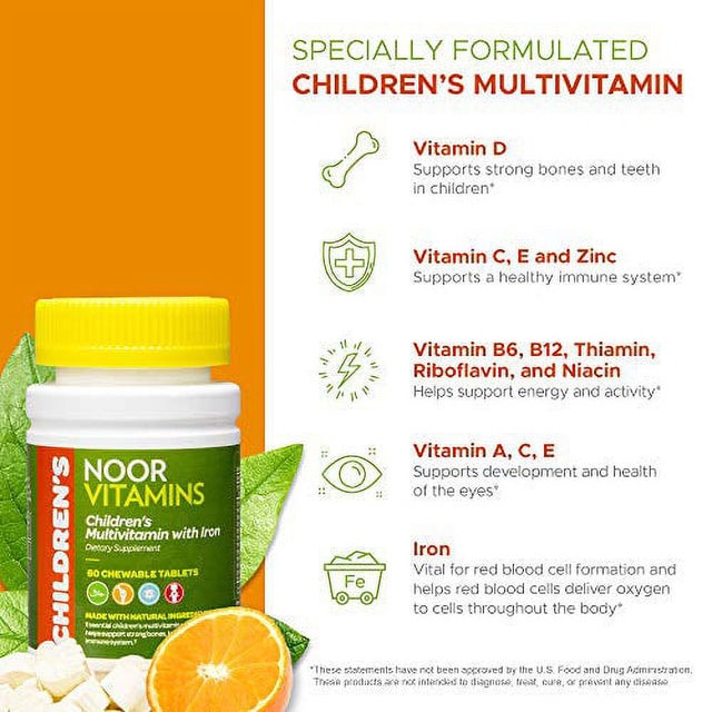 Noorvitamins Kids Formula Daily Chewable Multivitamin: Essential Vitamins for Immune, Bone & Eye Health with Iron - Non GMO & Gluten Free - Halal Vitamins 60 Count (2 Month Supply)