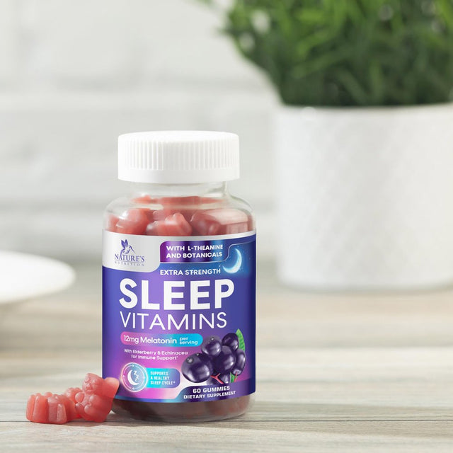 Sleep Vitamins - Fast Acting with 12Mg Melatonin - Best Non-Habit Forming Sleep Support Gummy Supplement - Includes Vitamins B6, C, D3, L-Theanine, Melatonin, Chamomile, & Zinc - 60 Gummies