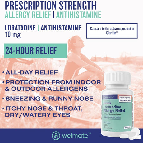 WELMATE Antihistamine Allergy Relief - Loratadine 10Mg - 24 Hour Relief - 365 Count Tablets