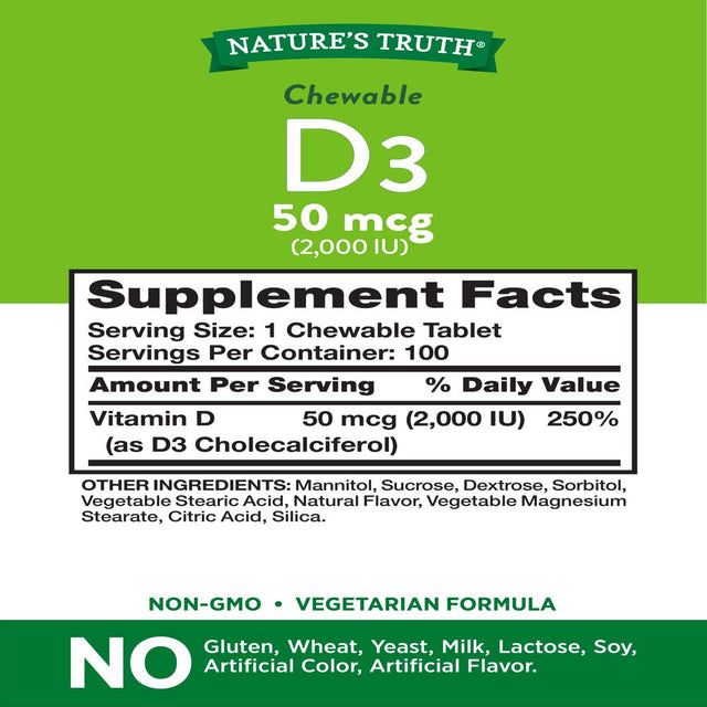 Chewable Vitamin D3 2,000 IU | 100 Tablets | Berry Flavor | Vegetarian, Non-Gmo, Gluten Free | by Nature'S Truth