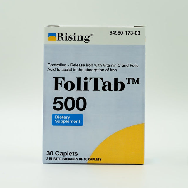 Rising Pharma - Folitab 500 - Elemental Iron with Vitamin C and Folic Acid - 30 Caplets - Helps with Iron Deficiency