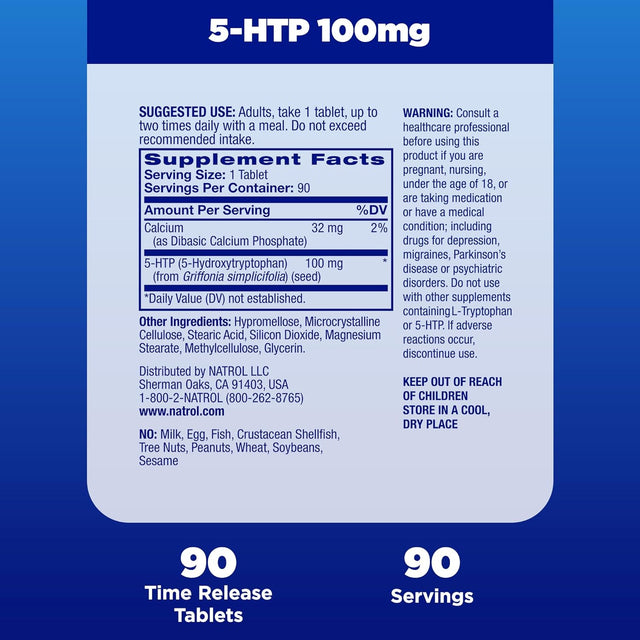 Natrol 5-HTP 100Mg, Dietary Supplement Helps Support a Balanced Mood, Mood and Stress Support Supplement, 90 Time Release Tablets, 45-90 Day Supply