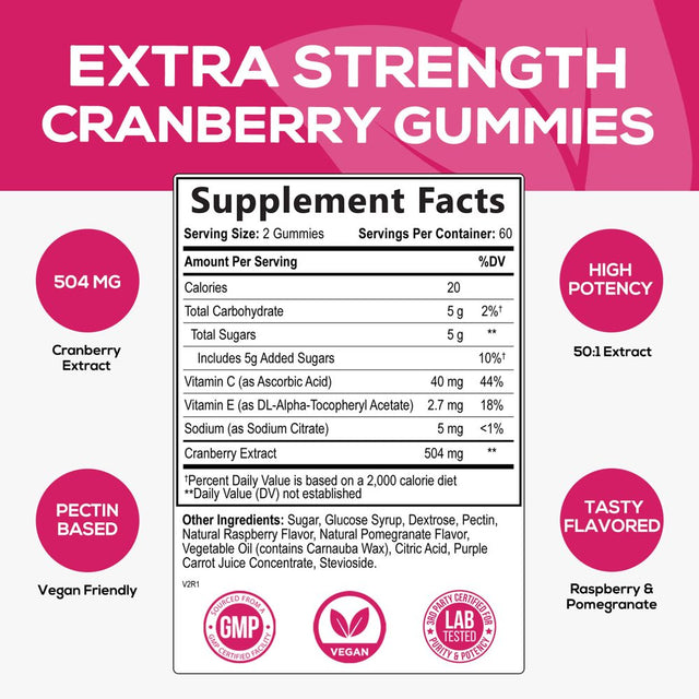 Nature'S Nutrition Cranberry Urinary Tract Health Gummies + Vitamin C - 25,000Mg - Triple Strength Cranberry Concentrate Extract Supplement Pills, Ultimate Potency, Non-Gmo, Gluten Free - 120 Gummies