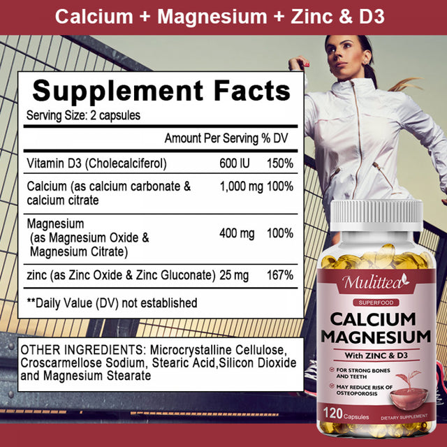 Mulittea Calcium 1000Mg Magnesium 400Mg Zinc 25Mg Vitamin D3 600Iu Health Diet Supplement -120Count