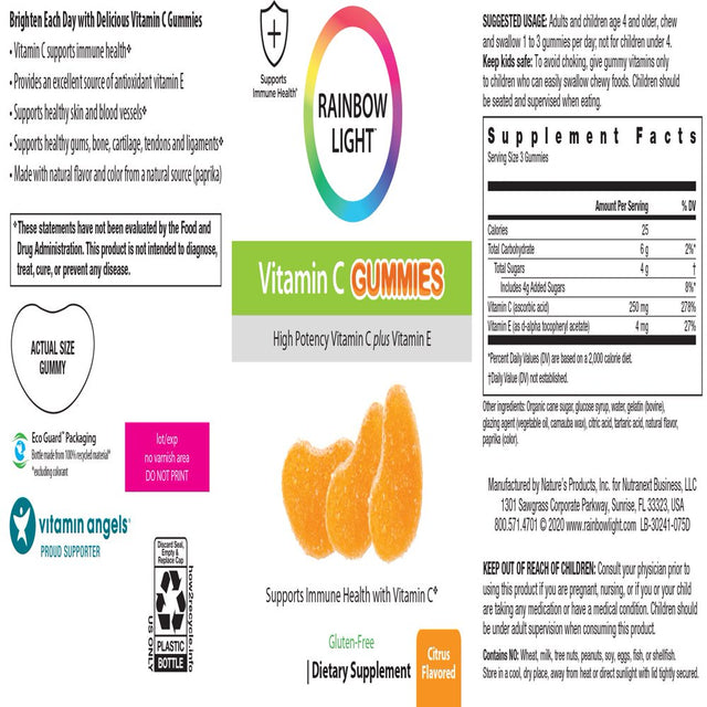 Rainbow Light Vitamins C and E Dietary Supplement Gummies, Citrus, 75 Count