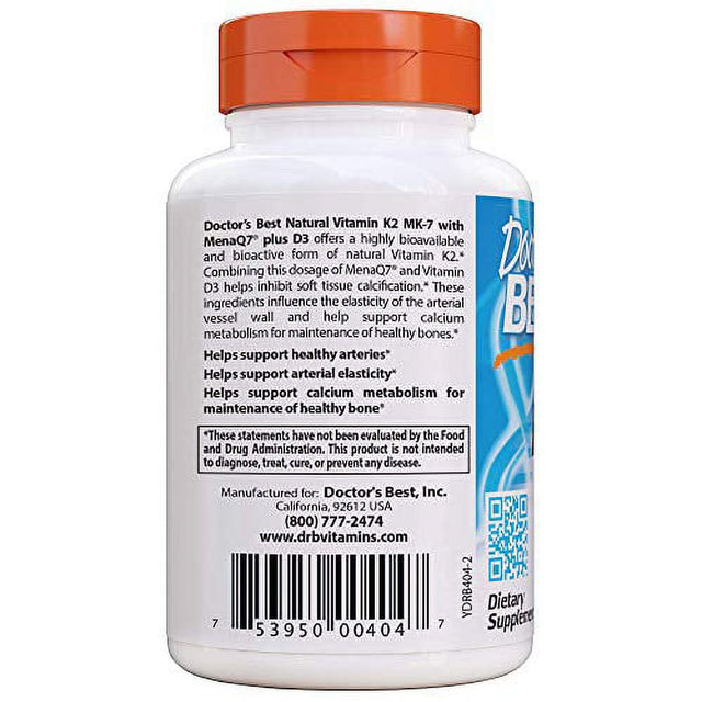 Doctor'S Best Natural Vitamin K2 with MK-7, 180Mcg plus D3 1000IU, Non-Gmo, Gluten Free, Vegetarian, Soy Free, 60 Veggie Caps