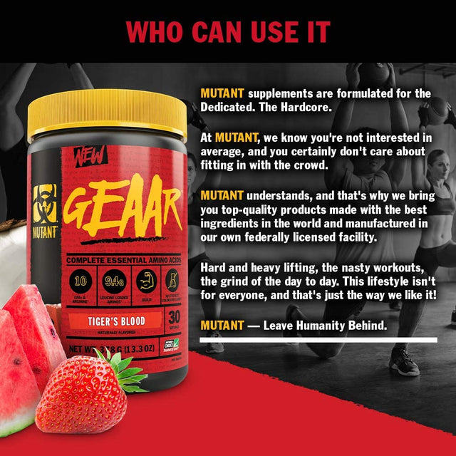 Mutant GEAAR - 9.4G of EAA Powder + Arginine, 7G Bcaas, 4G Leucine, Electrolytes, Coconut Water, No Artificial Colors or Flavors, Delicious Taste - 30 Servings - Blue Raspberry - 378G