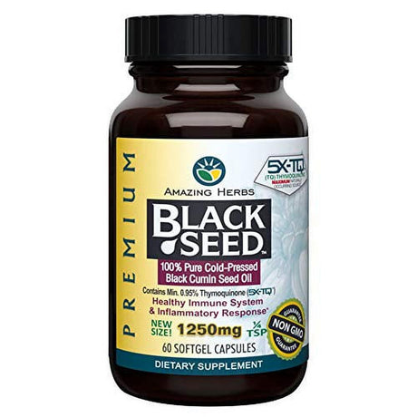 Amazing Herbs Premium Black Seed Oil Capsules - High Potency, Cold Pressed Nigella Sativa Aids in Digestive Health, Immune Support & Brain Function - 60 Count, 1250Mg