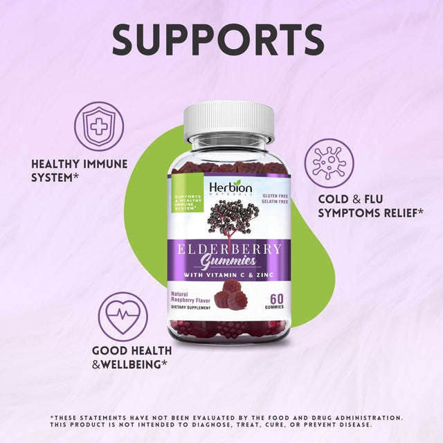 Herbion Elderberry Gummies with Vitamin C & Zinc - Healthy Immune System Support - Gluten-Free & Gelatin-Free - 60 Gummies for Adults & Children 4 Years & above - Made in USA.