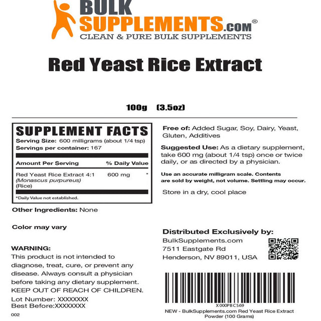 Bulksupplements.Com Red Yeast Rice Extract Powder - Yeast Nutrient - Cardiovascular Supplement - Red Rice Yeast (100 Grams)