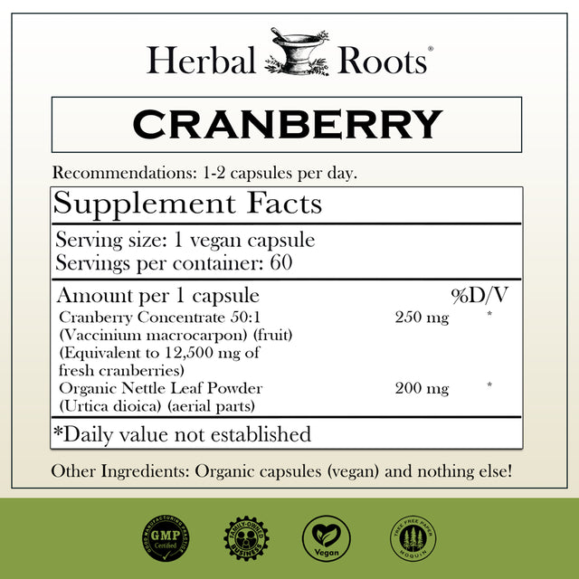 Cranberry Pills with Organic Nettle by Herbal Roots | Urinary Tract Health | One Size, Natural