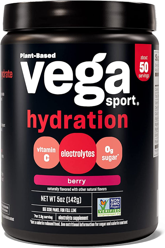 Vega Sport Hydration Electrolyte Powder, Berry - Post Workout Recovery Drink for Women and Men, Vitamin C, Vegan, Keto, Sugar Free, Dairy Free, Gluten Free, Non GMO, 5 Oz