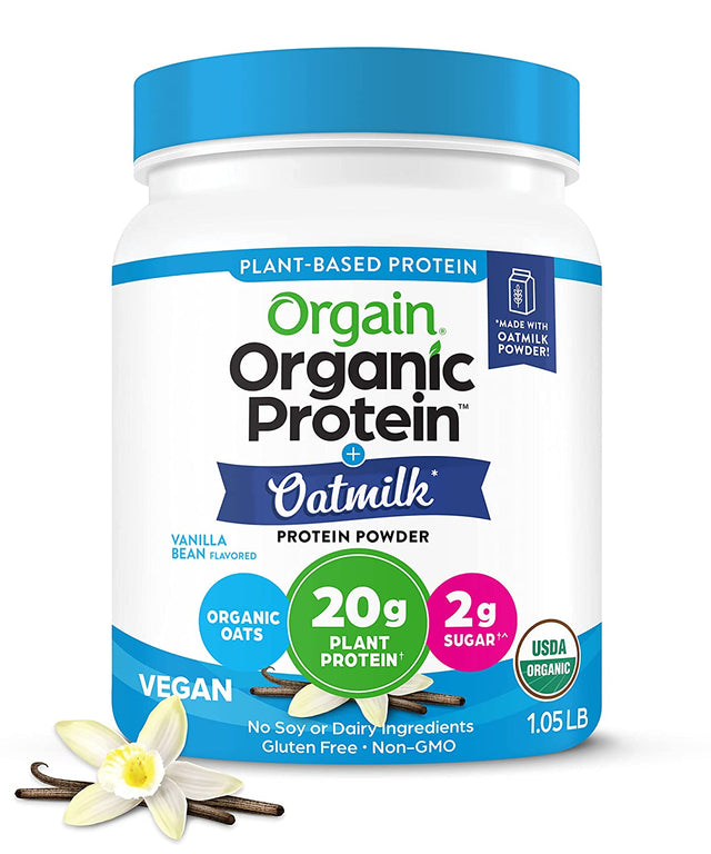 Orgain Organic Vegan Protein Powder + Oat Milk, Vanilla Bean - 20G Plant Based Protein, Gluten Free, Soy Free, Low Sugar, Non GMO, Kosher - 1.05Lb