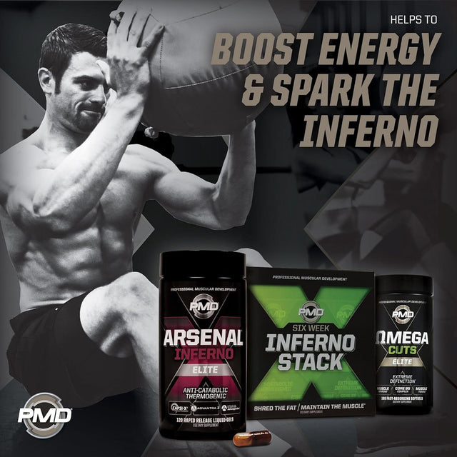 PMD Sports Six Week Inferno Stack - Maximum Strength Fat Burner and CLA Omega Fatty Acid to Lose Fat Fast and Increase Muscle Tone - Arsenal X Inferno/120 Liquid Gels, Omega Cuts Elite/180 Softgels