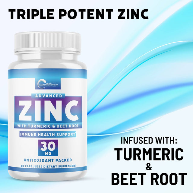 Zinc 30Mg [Triple Potency] Supplement - Immune Support System from Natural Zinc Oxide, Turmeric & Beet Root, 120 Capsules