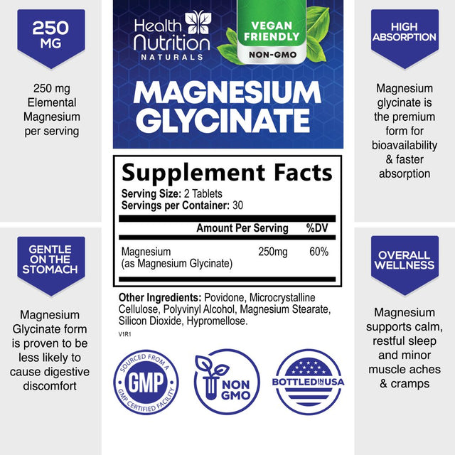 Magnesium Glycinate 250 Mg - Natural, High Absorption Magnesium Tablets Chelated for Muscle, Nerve, Bone & Heart Health Support - Gentle Form, Non-Gmo, Gluten Free, Vegan Supplement - 60 Tablets